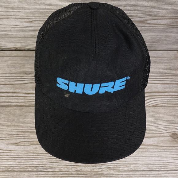 Vintage Shure Hat Cap Snap Back Black Mesh Trucker Promo Sound Audio Mens 80s - Picture 3 of 9